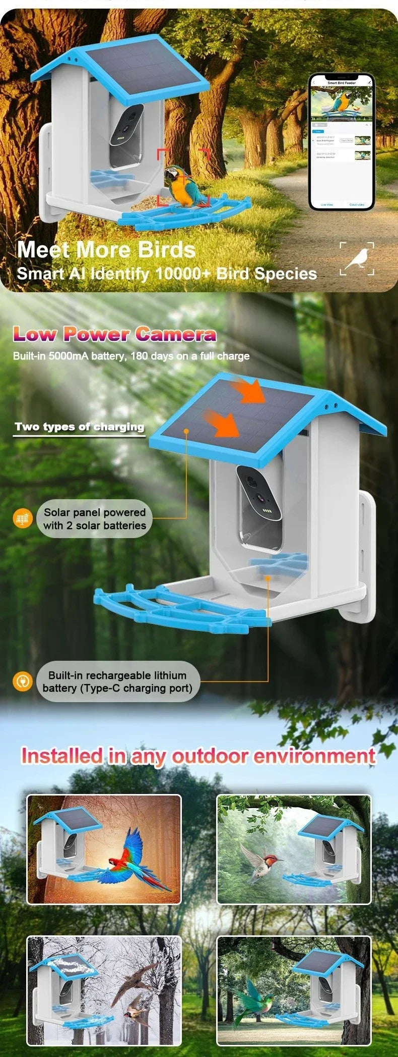 Smart Bird Feeder with 2.4K Camera, Solar Power & Night Vision
