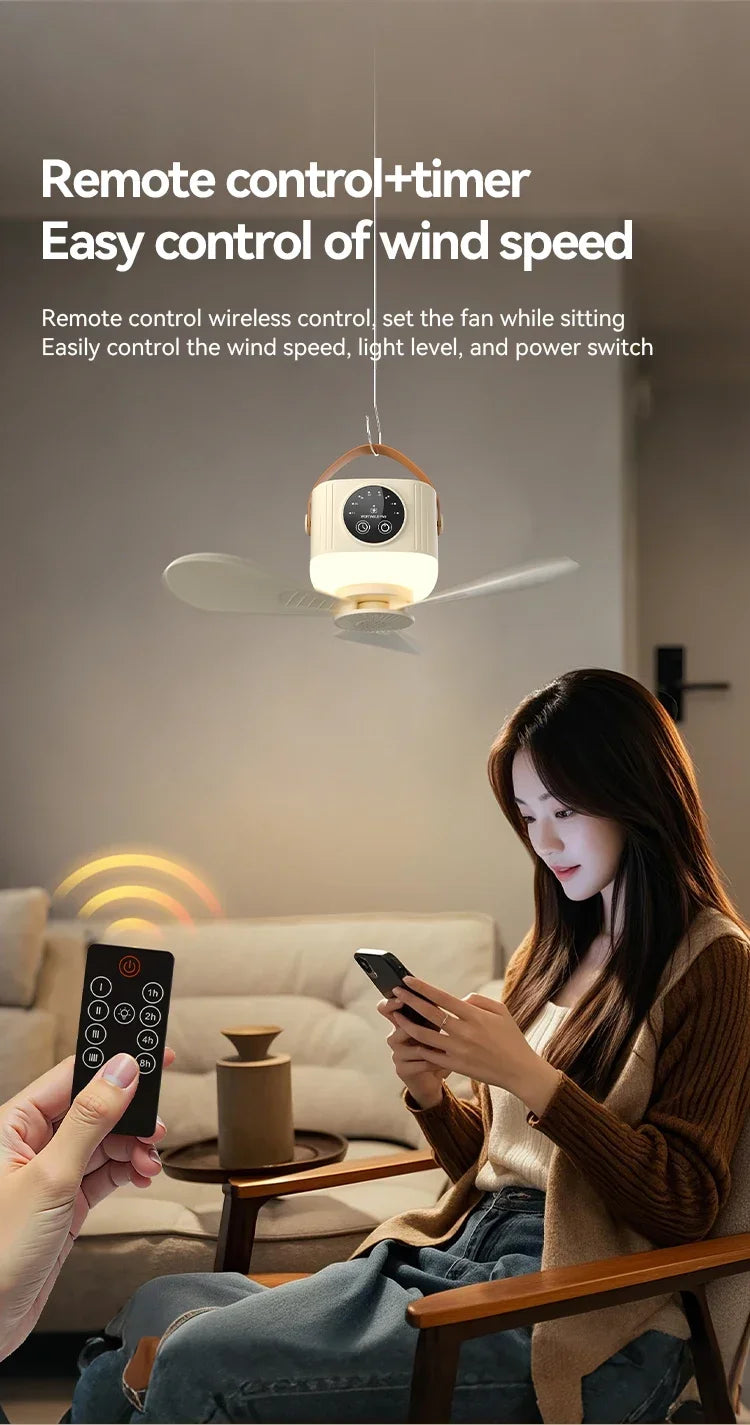 2026 Portable Rechargeable Hanging Ceiling Fan – USB Wireless Fan for Dorm & Camping