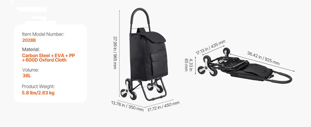 Foldable Stair Climbing Shopping Cart 36L Heavy Duty Trolley