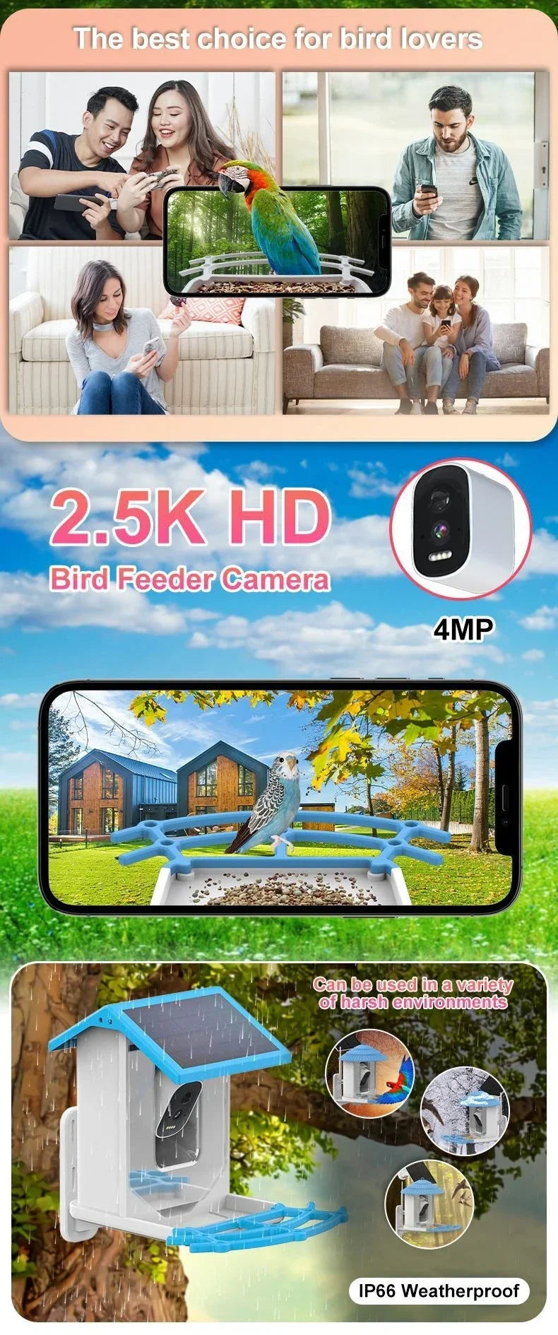 Smart Bird Feeder with 2.4K Camera, Solar Power & Night Vision