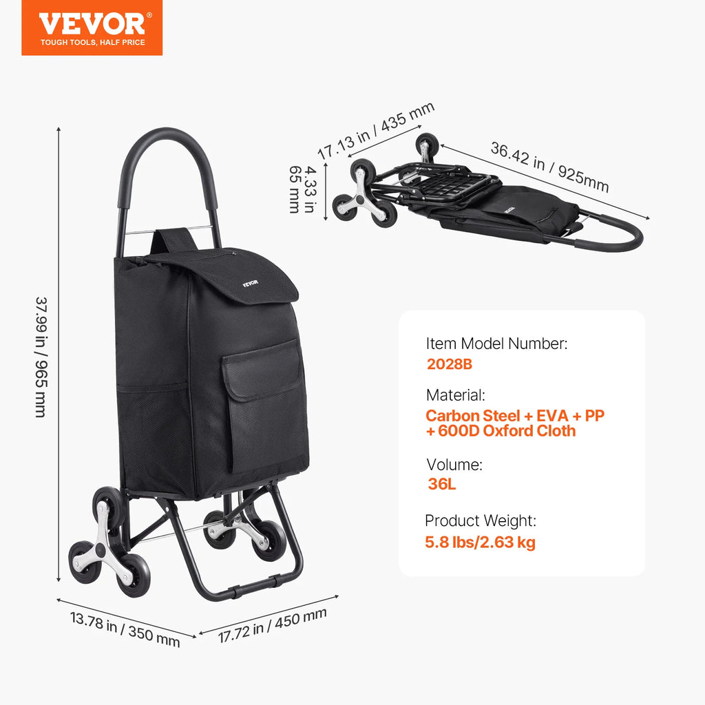 Foldable Stair Climbing Shopping Cart 36L Heavy Duty Trolley
